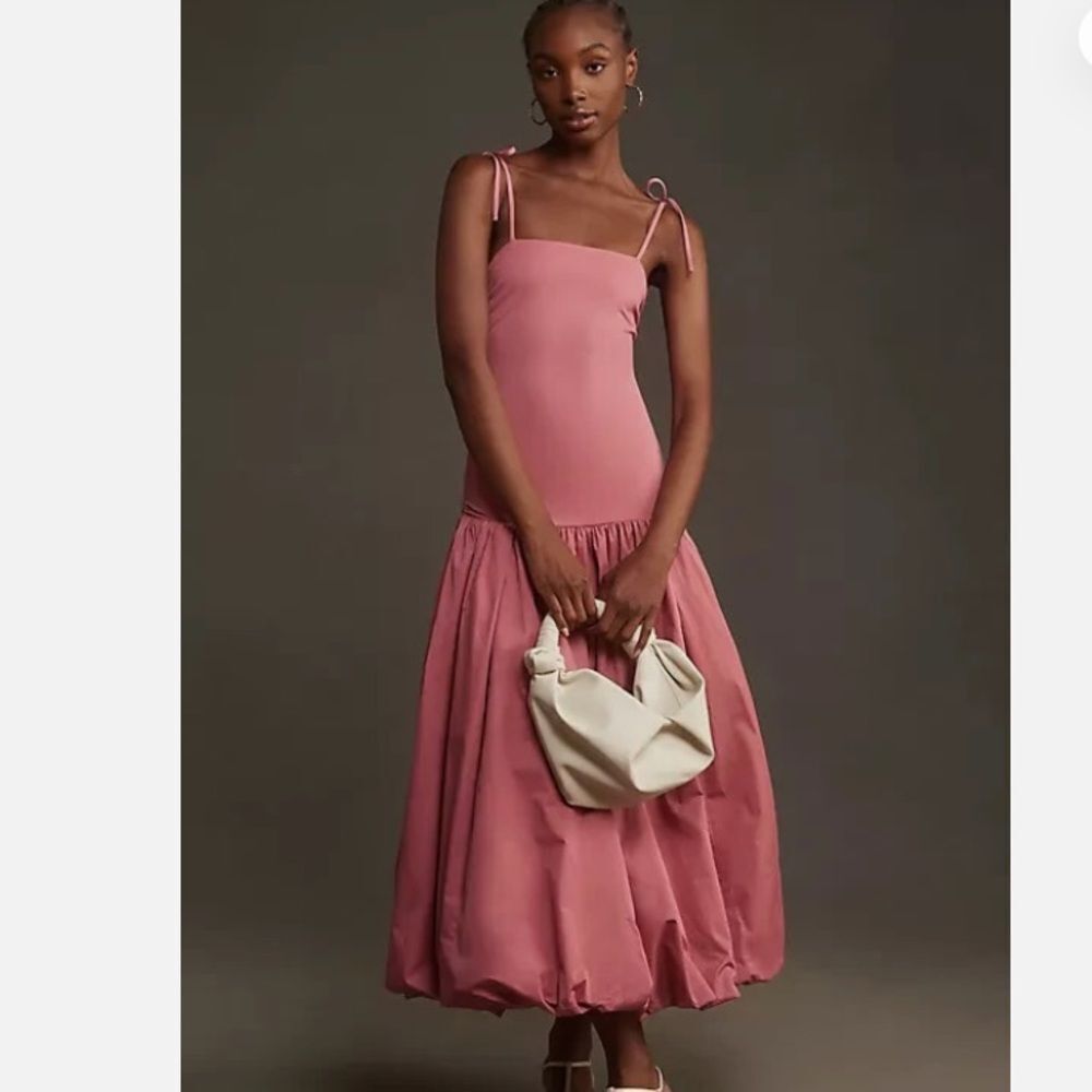 Anthropologie Mare Mare Sleeveless Drop-Waist Bubble-Hem Midi Dress Rose - Picture 5 of 7